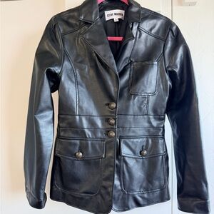 Steve Madden Black Faux Leather Blazer Jacket with gold buttons